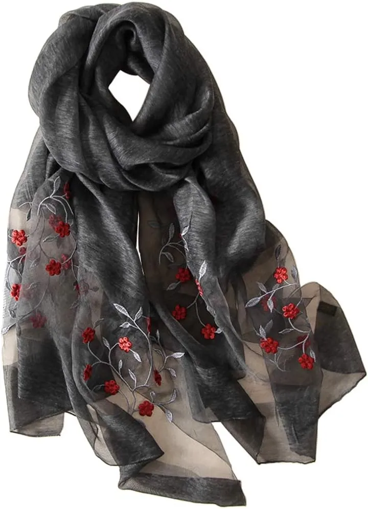 Alysee Women Lovely Silk&Wool Mixed Floral Embroidered Scarf Shawl Wrap