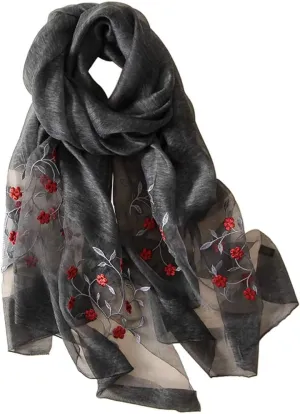 Alysee Women Lovely Silk&Wool Mixed Floral Embroidered Scarf Shawl Wrap