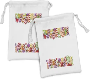 Ambesonne Candy Cane Fabric Pouch Set of 2, Fun Framework with Colorful Cartoon Snacks Holiday Celebration, Small Drawstring Bag for Toiletries Masks and Favors, 9" x 6", Multicolor