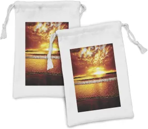 Ambesonne Ocean Fabric Pouch Set of 2, Colorful Sunset on the Ocean Dramatic Sky Summertime Tropical Seaside Cloudscape, Small Drawstring Bag for Toiletries Masks and Favors, 9" x 6", Brown Yellow