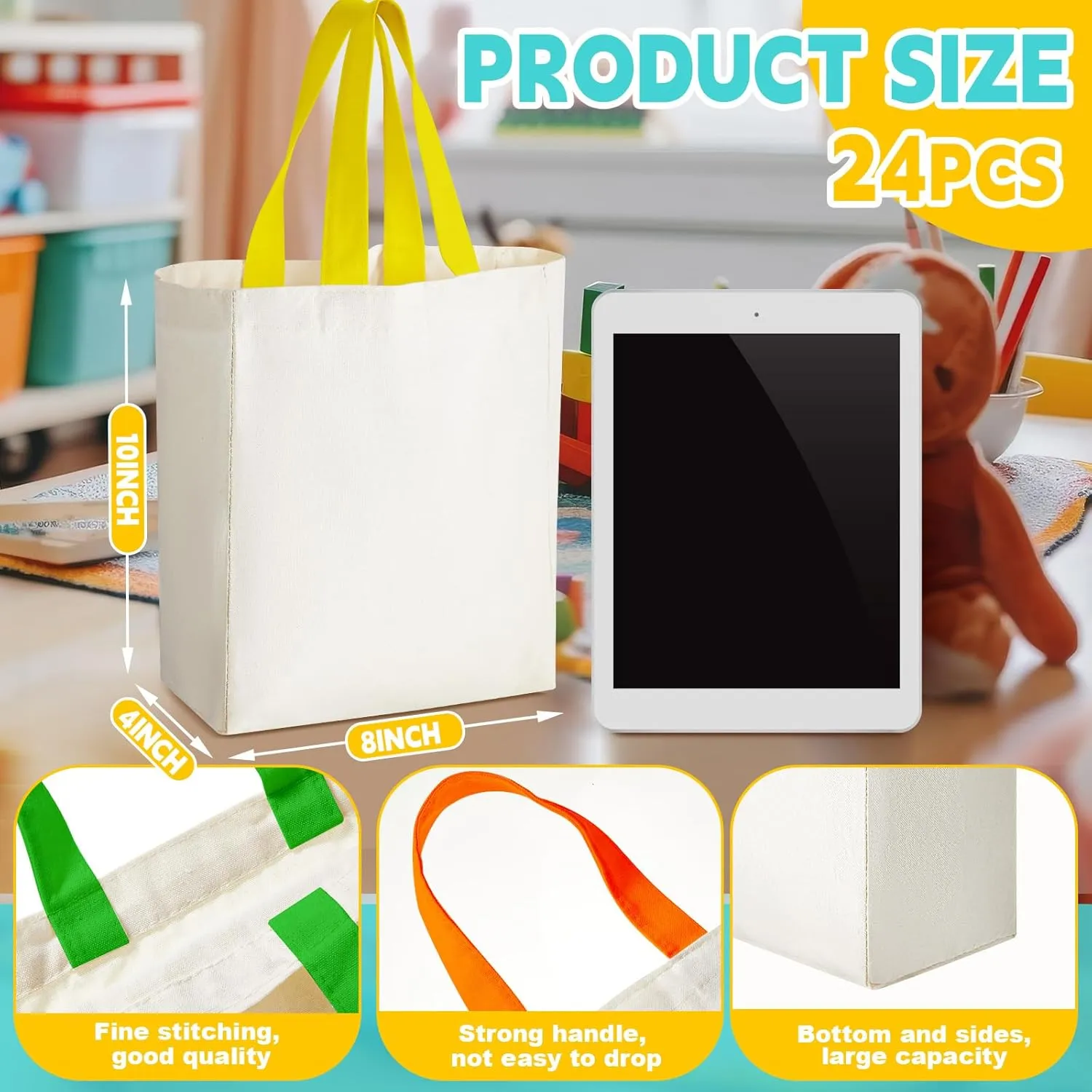 Amylove 24 Pcs Mini Tote Bag Sublimation Blank Canvas Tote Reusable Grocery Bags DIY Sack for Party Event Candy(8 x 10 x 4 Inch,Natural with Colorful Handle)