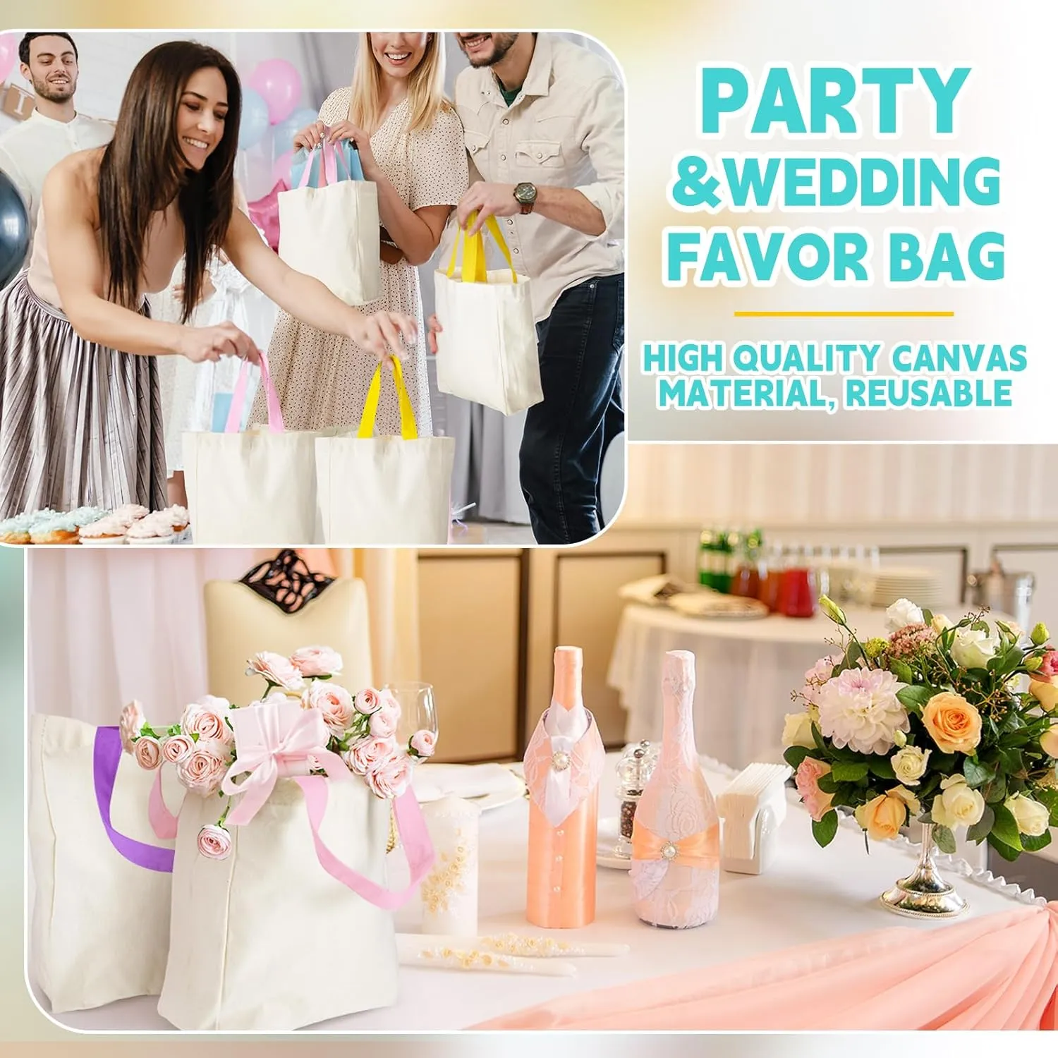 Amylove 24 Pcs Mini Tote Bag Sublimation Blank Canvas Tote Reusable Grocery Bags DIY Sack for Party Event Candy(8 x 10 x 4 Inch,Natural with Colorful Handle)