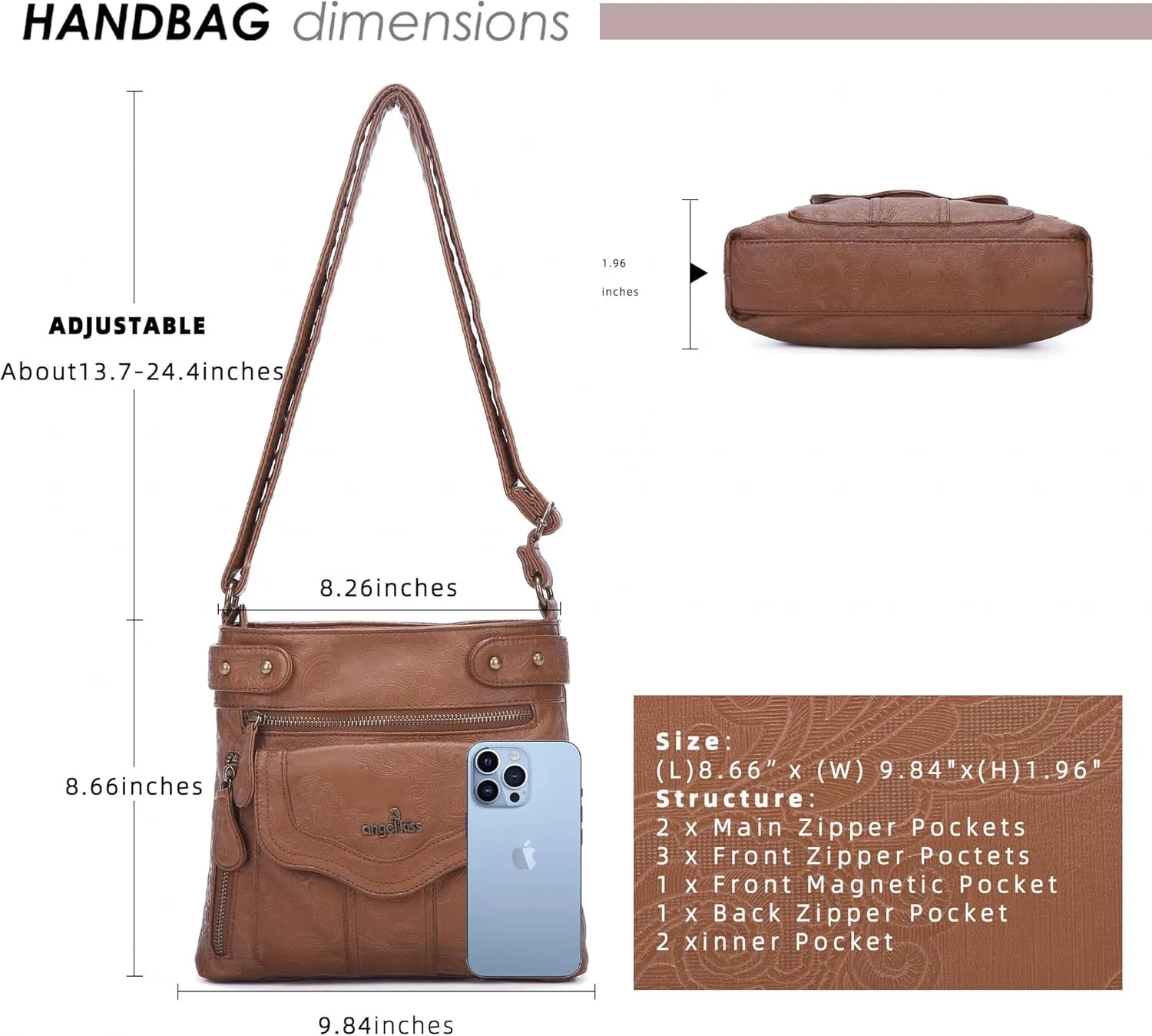 Angel Kiss Crossbody Purse for Women Multi Pockets Bags Retro Vegan Designer Leather Women's Shoulder Handbags