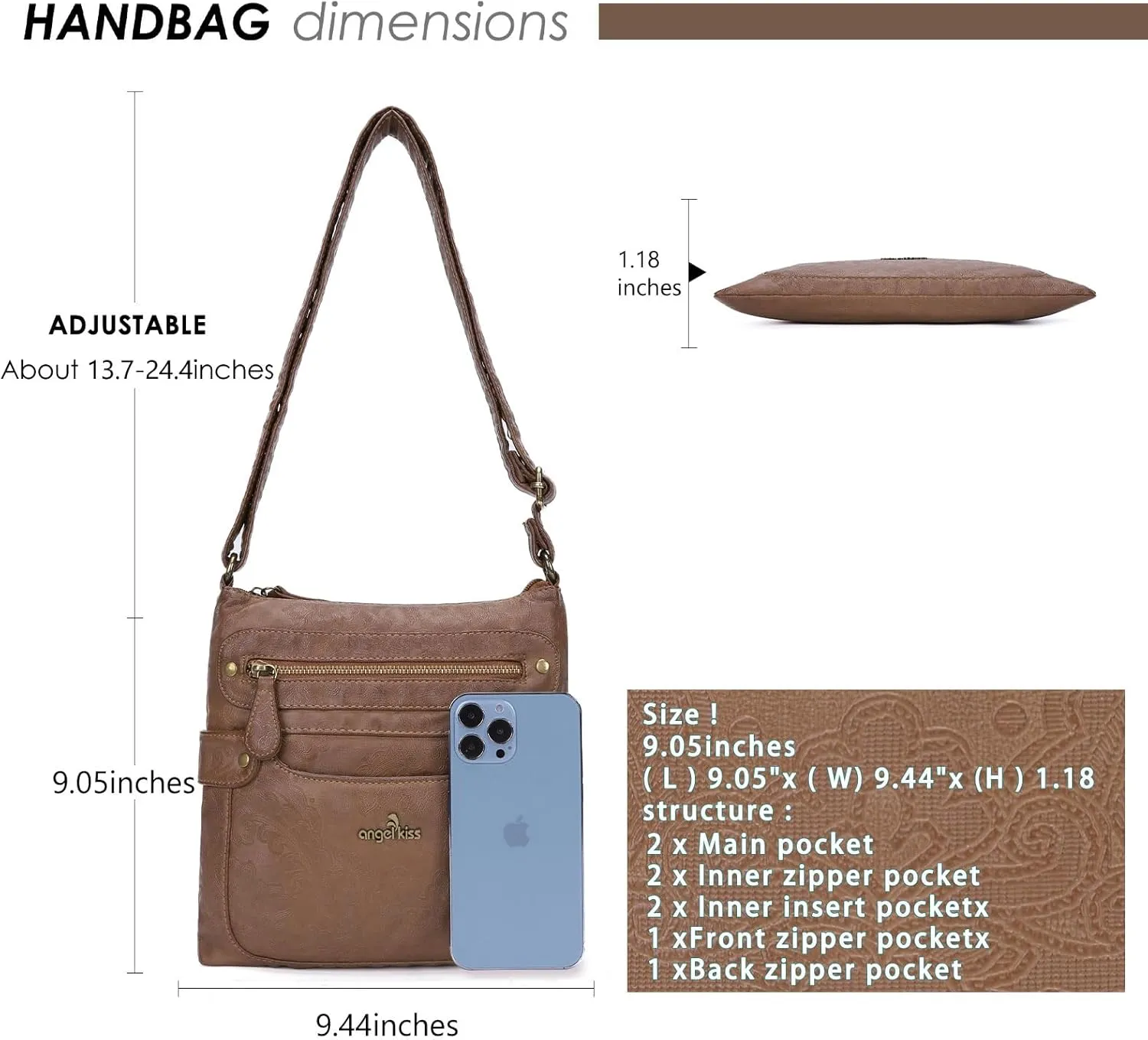 Angel Kiss Crossbody Purse for Women Multi Pockets Bags Retro Vegan Designer Leather Women's Shoulder Handbags