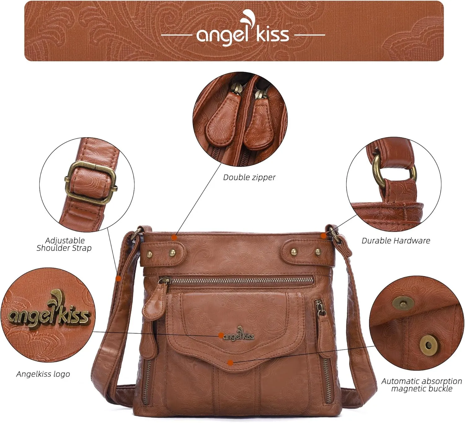 Angel Kiss Crossbody Purse for Women Multi Pockets Bags Retro Vegan Designer Leather Women's Shoulder Handbags