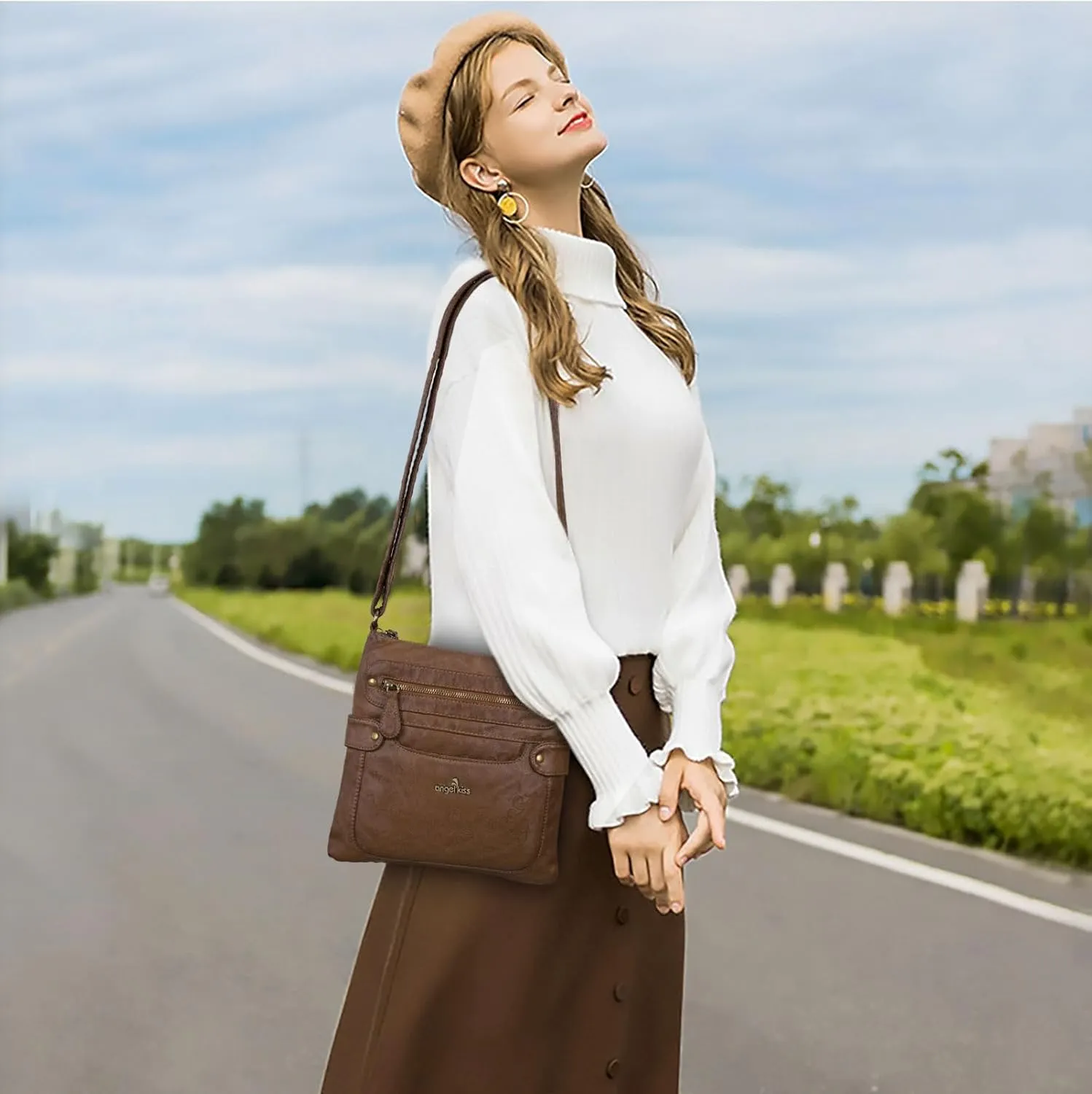 Angel Kiss Crossbody Purse for Women Multi Pockets Bags Retro Vegan Designer Leather Women's Shoulder Handbags