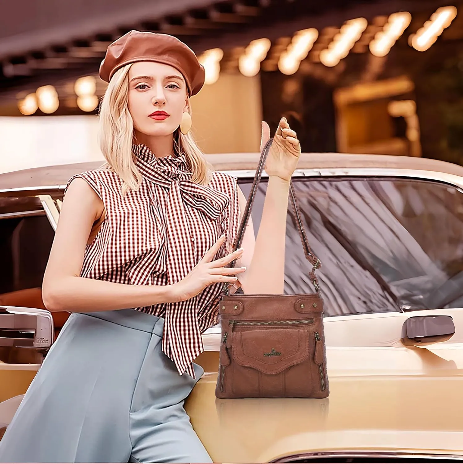 Angel Kiss Crossbody Purse for Women Multi Pockets Bags Retro Vegan Designer Leather Women's Shoulder Handbags