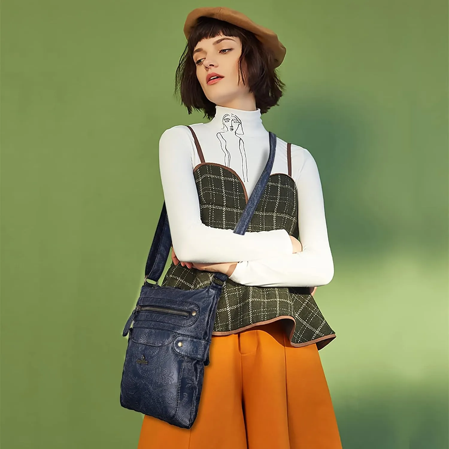 Angel Kiss Crossbody Purse for Women Multi Pockets Bags Retro Vegan Designer Leather Women's Shoulder Handbags