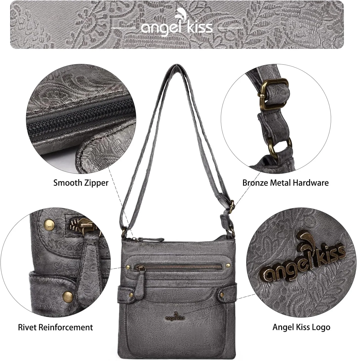 Angel Kiss Crossbody Purse for Women Multi Pockets Bags Retro Vegan Designer Leather Women's Shoulder Handbags