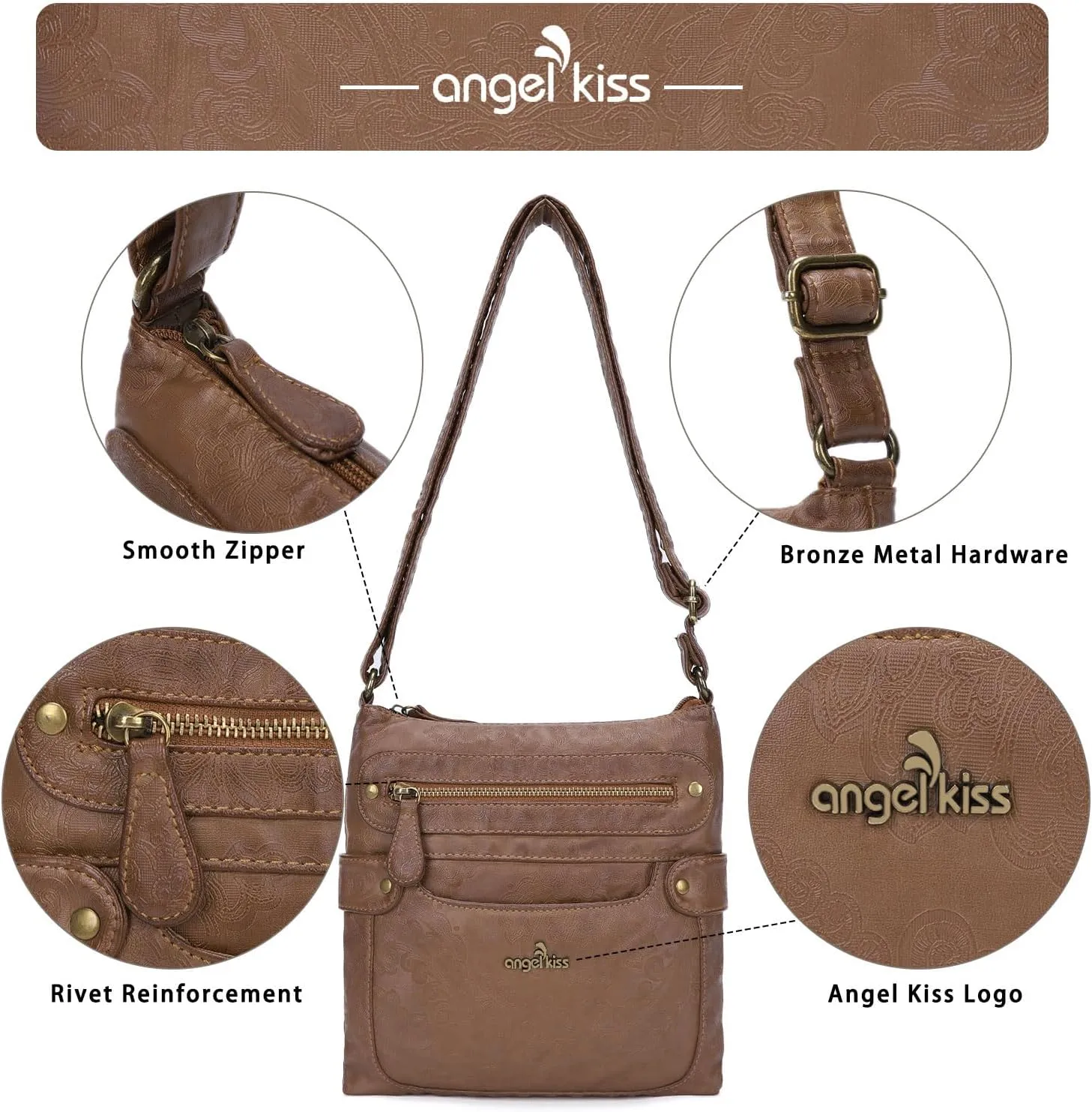 Angel Kiss Crossbody Purse for Women Multi Pockets Bags Retro Vegan Designer Leather Women's Shoulder Handbags
