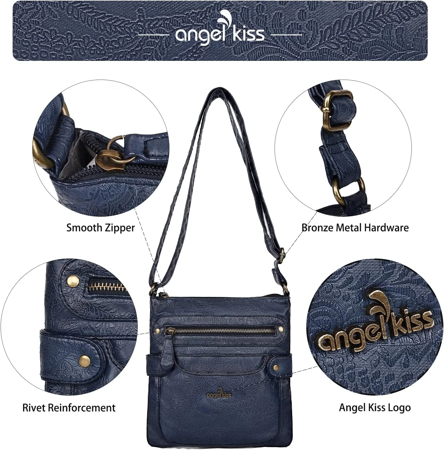 Angel Kiss Crossbody Purse for Women Multi Pockets Bags Retro Vegan Designer Leather Women's Shoulder Handbags