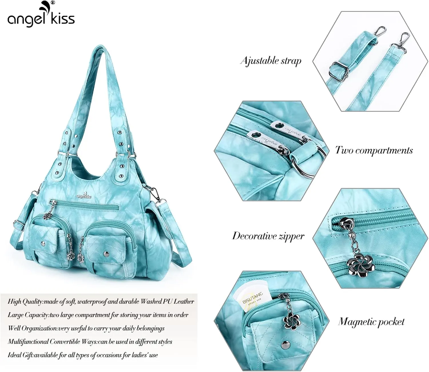 Angel Kiss Handbags for Women Large Hobo Bag Soft PU Leather Shoulder Bag for Women