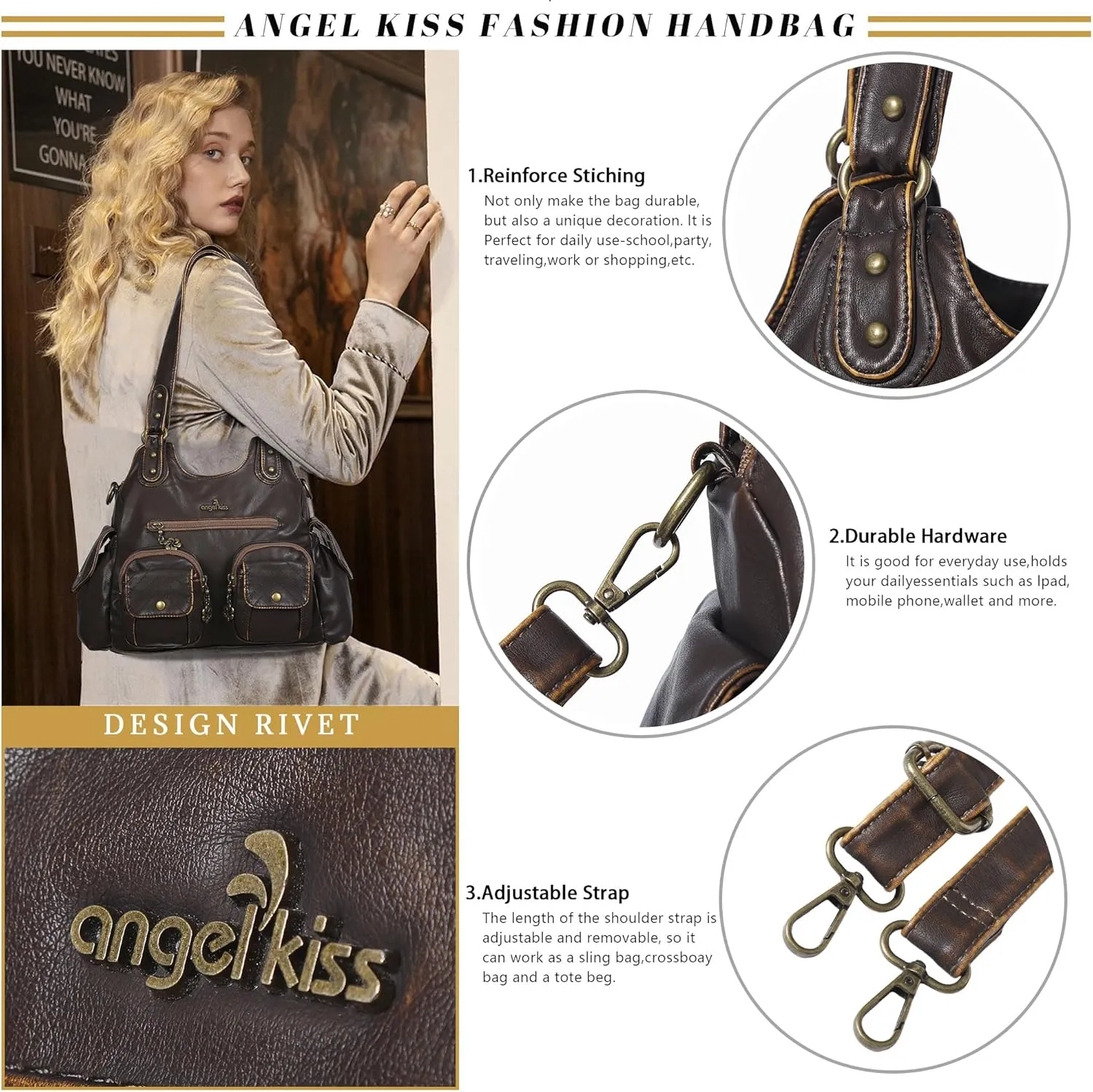 Angel Kiss Handbags for Women Large Hobo Bag Soft PU Leather Shoulder Bag for Women