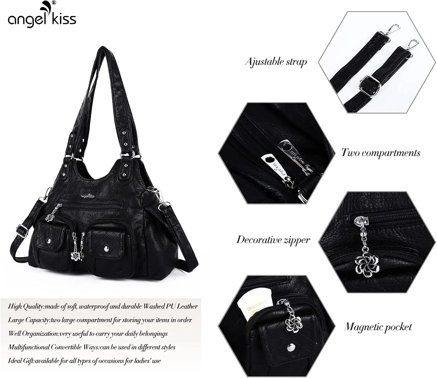 Angel Kiss Handbags for Women Large Hobo Bag Soft PU Leather Shoulder Bag for Women