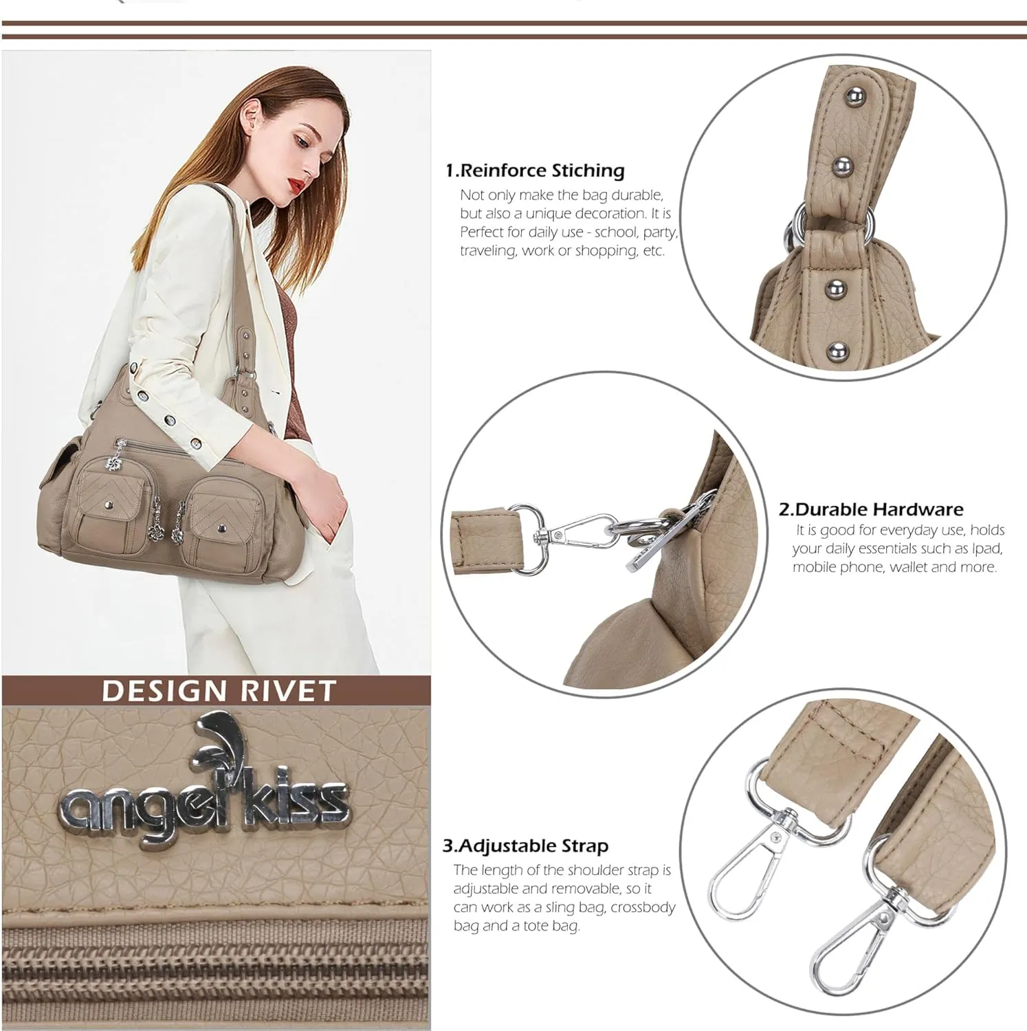 Angel Kiss Handbags for Women Large Hobo Bag Soft PU Leather Shoulder Bag for Women
