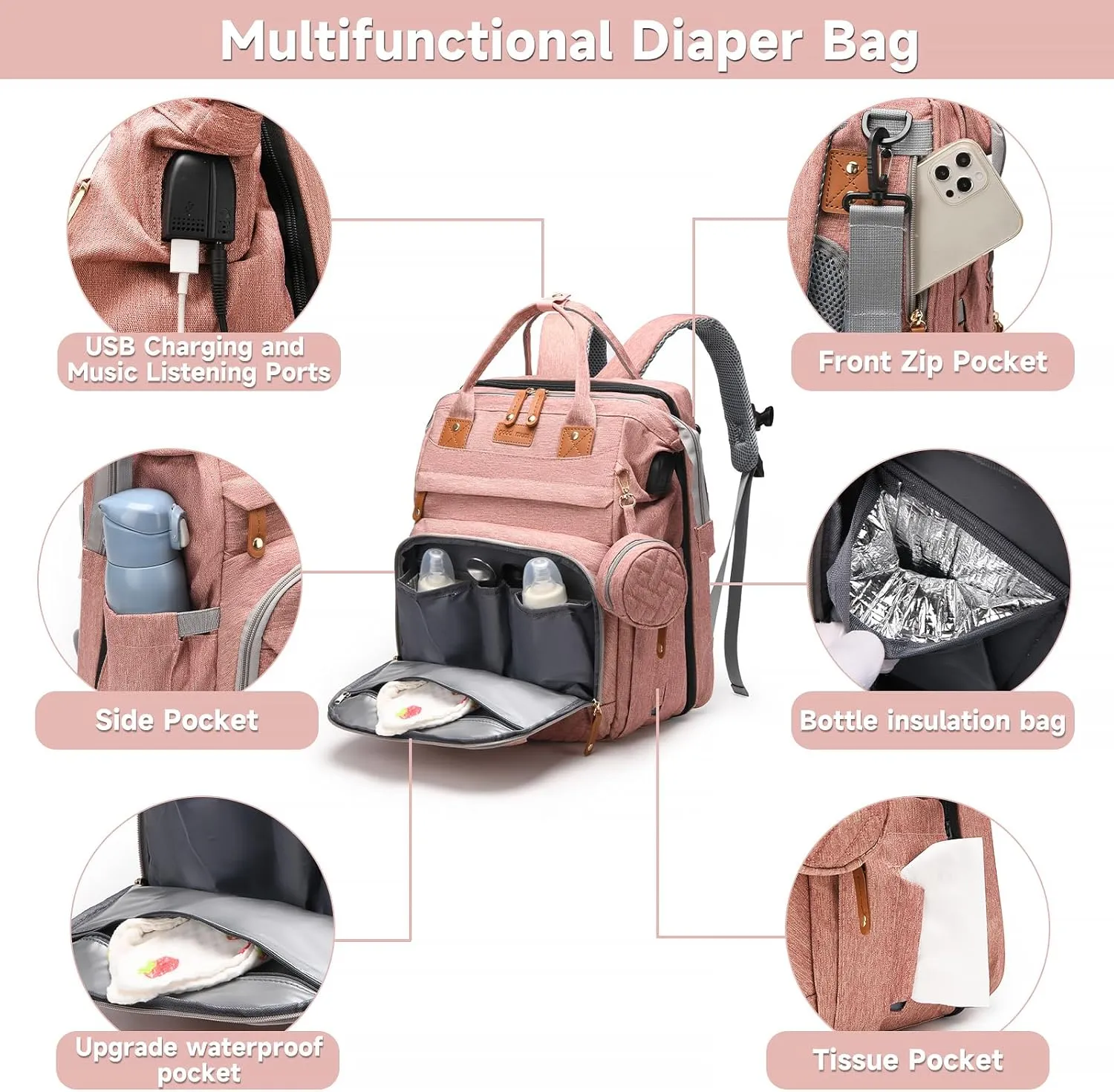Baby Diaper Bags with Changing Station, Large Capacity Diaper Bag Backpack for Moms Dads with USB Charging Port,Travel Baby Bag with Pacifier Case & Stroller Straps(Up-PinkGrey)