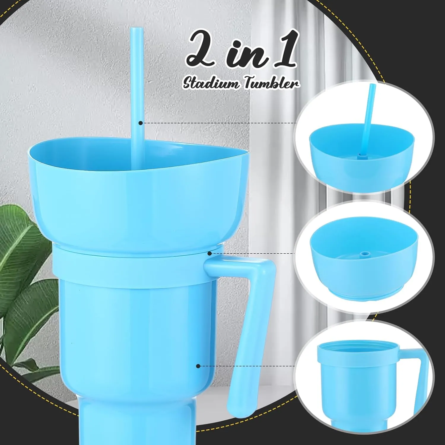 Baderke 2 Pcs Snack and Drink Cup 32 oz Stadium Tumbler with Bowl 2 in 1 Travel Cup Leak Proof Portable Reusable Snack Tumbler with Bowl on Top and Straw (Blue,Green)