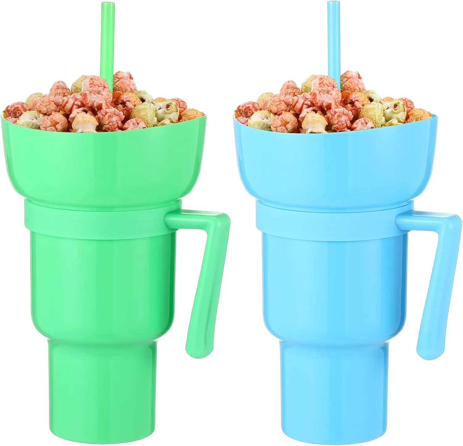 Baderke 2 Pcs Snack and Drink Cup 32 oz Stadium Tumbler with Bowl 2 in 1 Travel Cup Leak Proof Portable Reusable Snack Tumbler with Bowl on Top and Straw (Blue,Green)