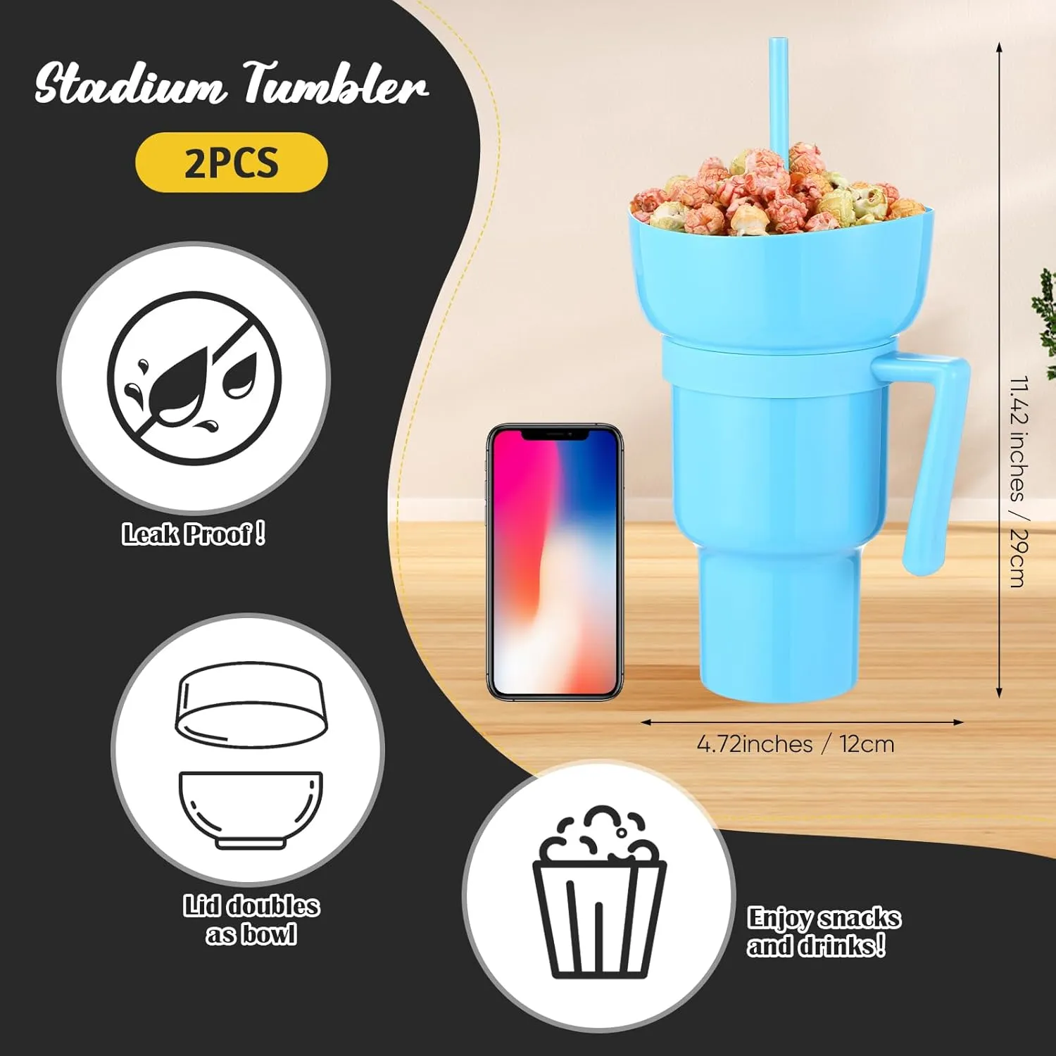 Baderke 2 Pcs Snack and Drink Cup 32 oz Stadium Tumbler with Bowl 2 in 1 Travel Cup Leak Proof Portable Reusable Snack Tumbler with Bowl on Top and Straw (Blue,Green)