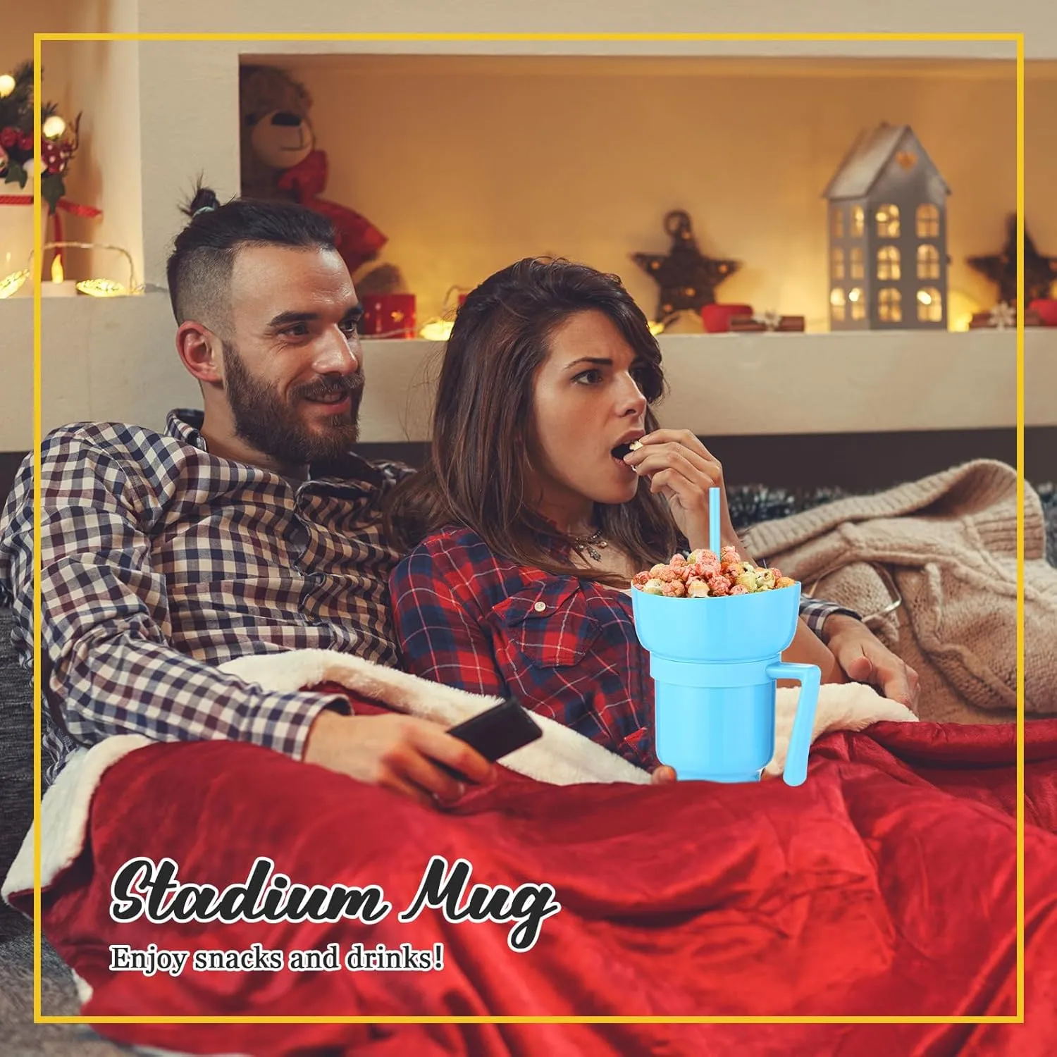 Baderke 2 Pcs Snack and Drink Cup 32 oz Stadium Tumbler with Bowl 2 in 1 Travel Cup Leak Proof Portable Reusable Snack Tumbler with Bowl on Top and Straw (Blue,Green)