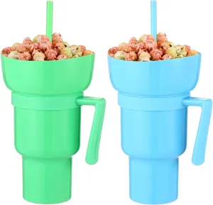 Baderke 2 Pcs Snack and Drink Cup 32 oz Stadium Tumbler with Bowl 2 in 1 Travel Cup Leak Proof Portable Reusable Snack Tumbler with Bowl on Top and Straw (Blue,Green)