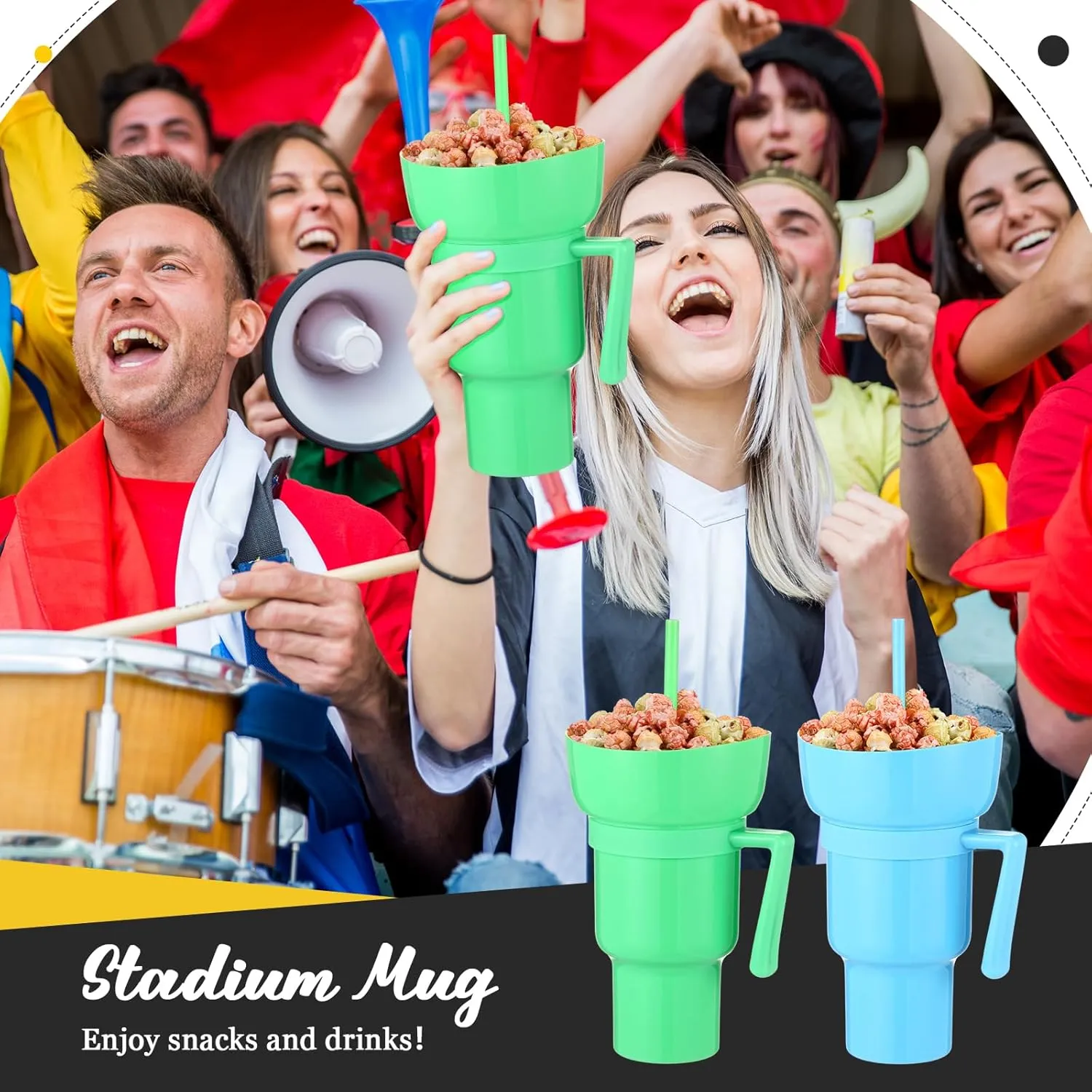 Baderke 2 Pcs Snack and Drink Cup 32 oz Stadium Tumbler with Bowl 2 in 1 Travel Cup Leak Proof Portable Reusable Snack Tumbler with Bowl on Top and Straw (Blue,Green)