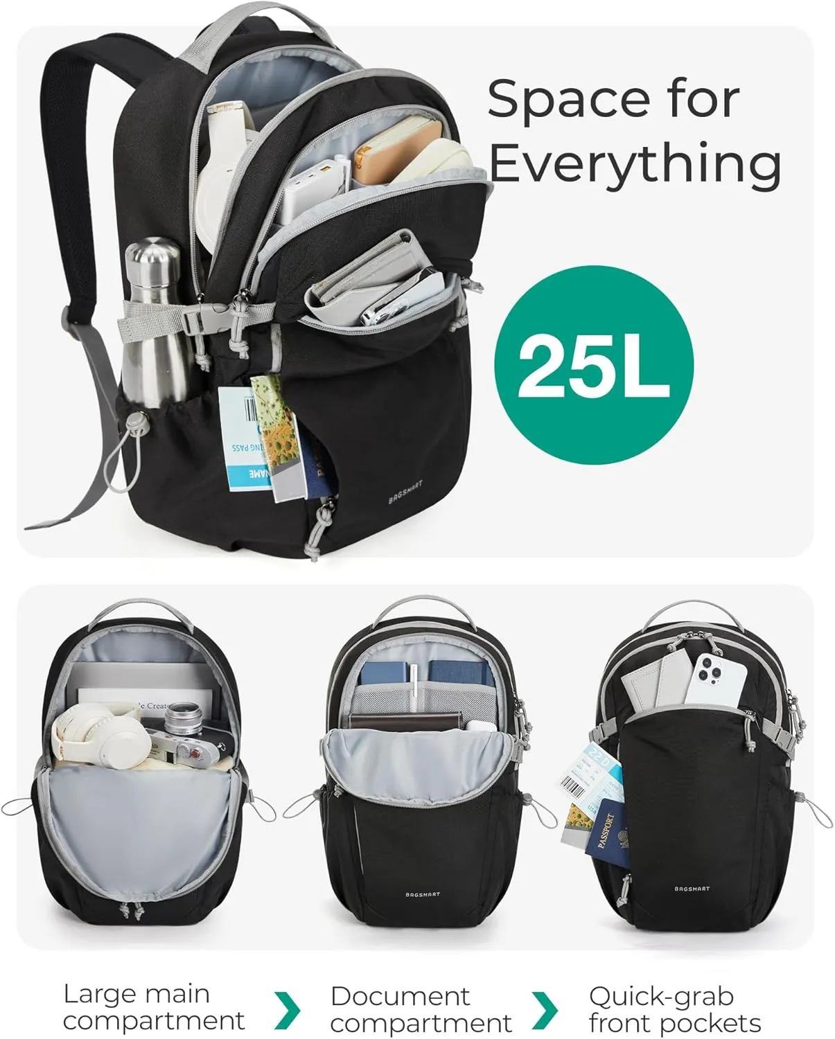 BAGSMART Travel Backpack for Women&Men,Lightweight 15.6" Casual Backpack for College,TSA Carry On Backpack for Airplanes,Water Resistant Personal Item Backpack for Gym,Hiking,Work,Grey