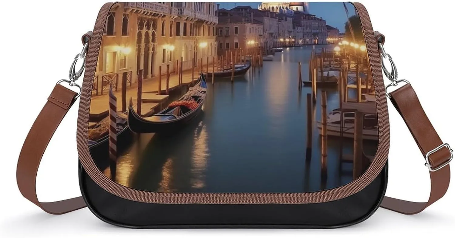 Beautiful Venice at Night Crossbody Bags for Women,PU Leather Tote Bag for Women,Shoulder Bag Purse for Work Shopping Travel