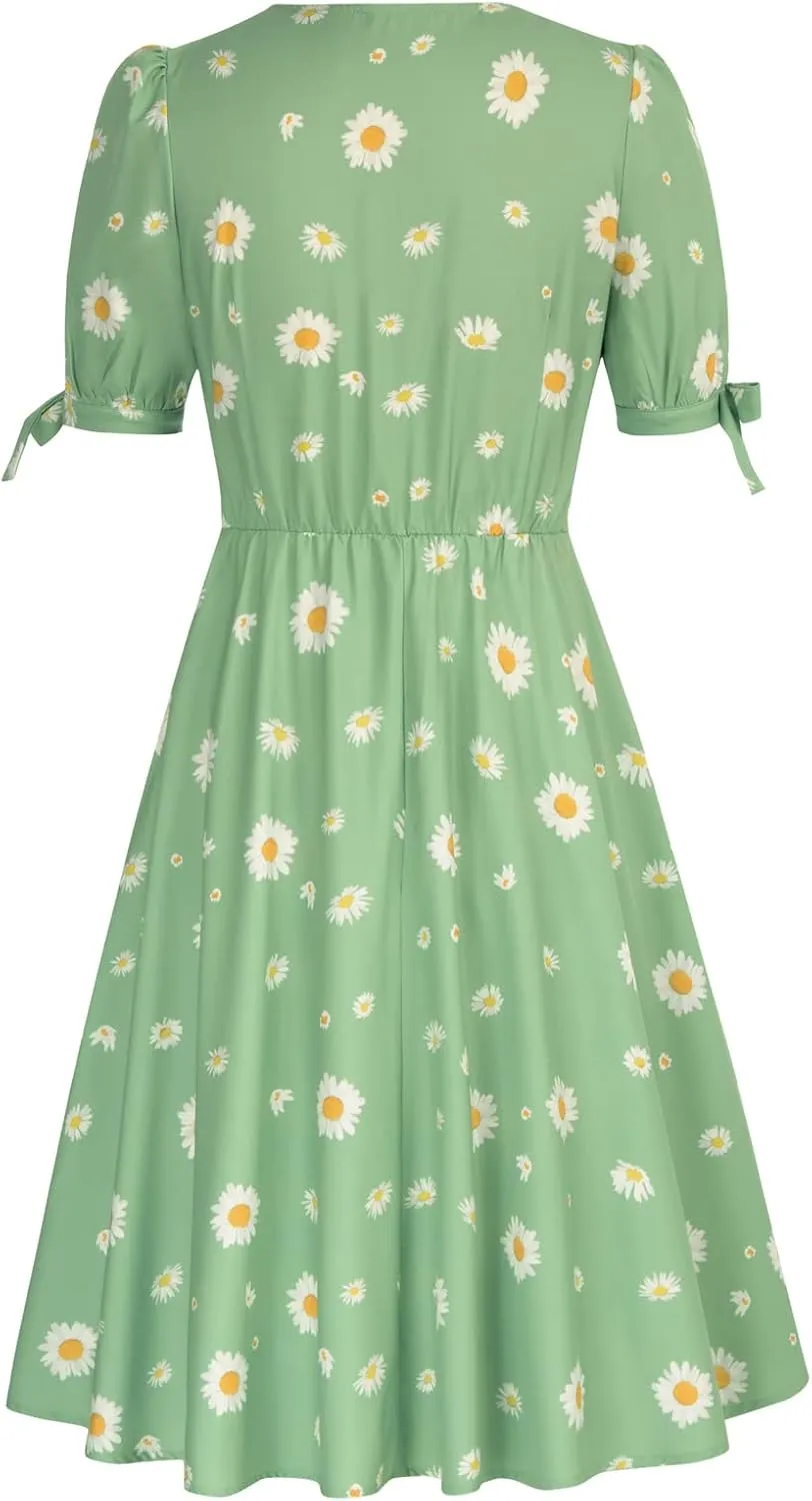 Belle Poque Women Vintage Dress V Neck Puff Sleeve Cocktail Dresses Vintage Tea Party Dresses