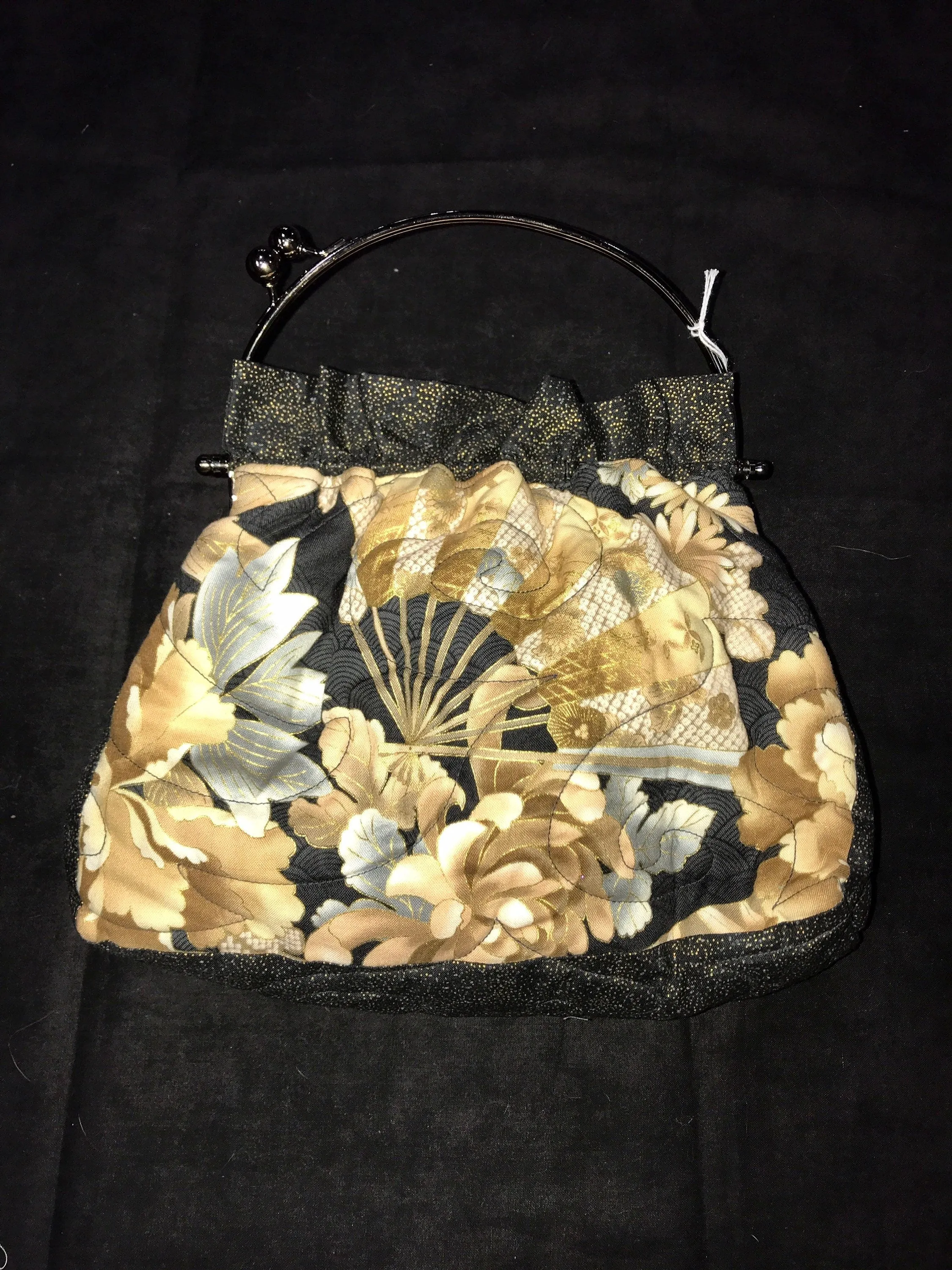 Black and Gold Floral Handbag, Quilted Flower Purse, Ornate Fan Quilted Clutch, Quilted Handbag Gift, Gold Purse, Floral Purse Fashion