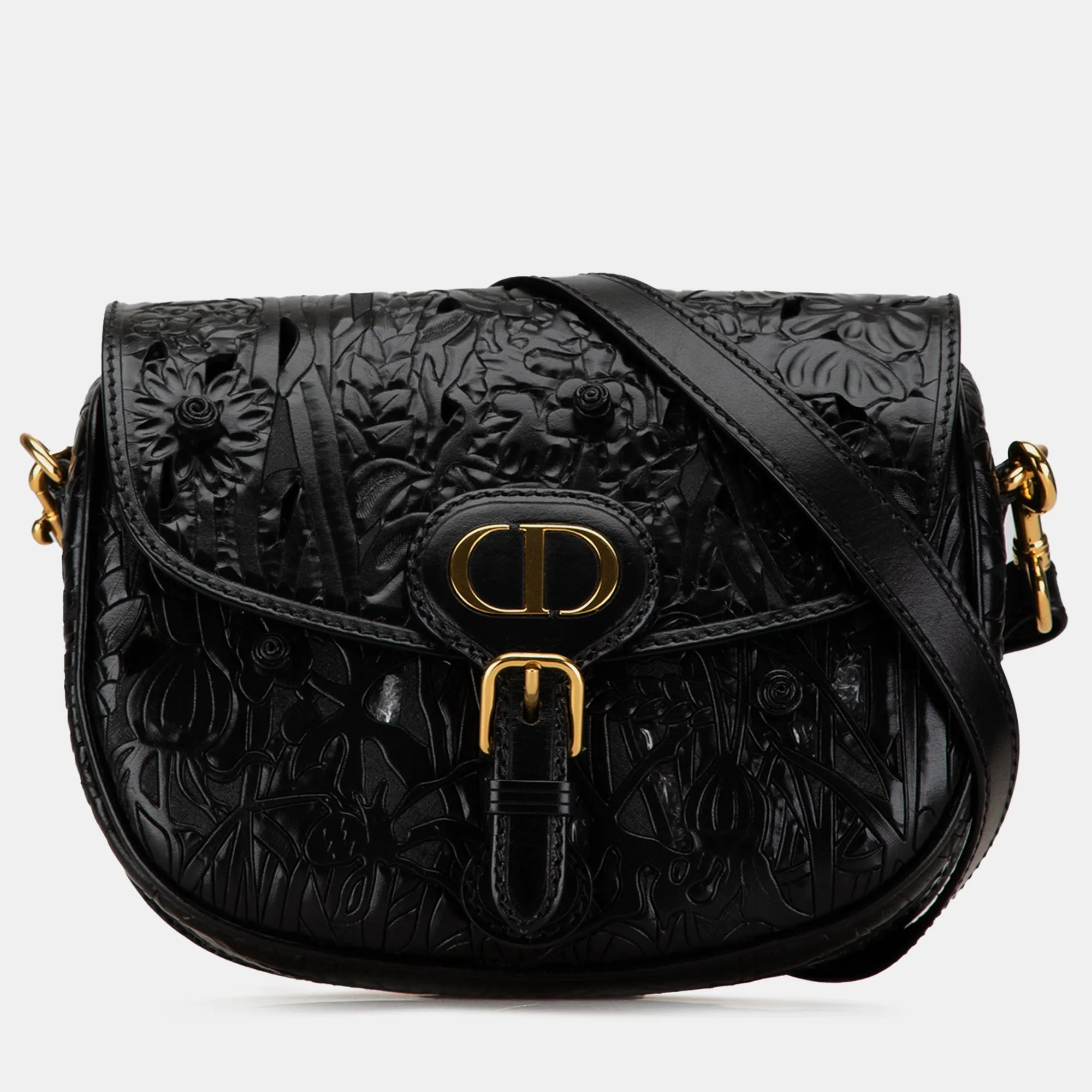 Black Leather Medium Floral Applique Bobby Shoulder Bag