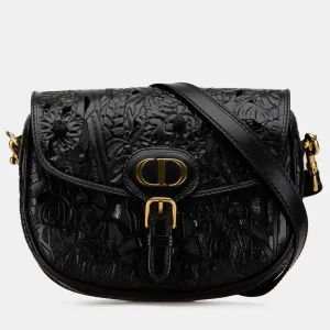 Black Leather Medium Floral Applique Bobby Shoulder Bag