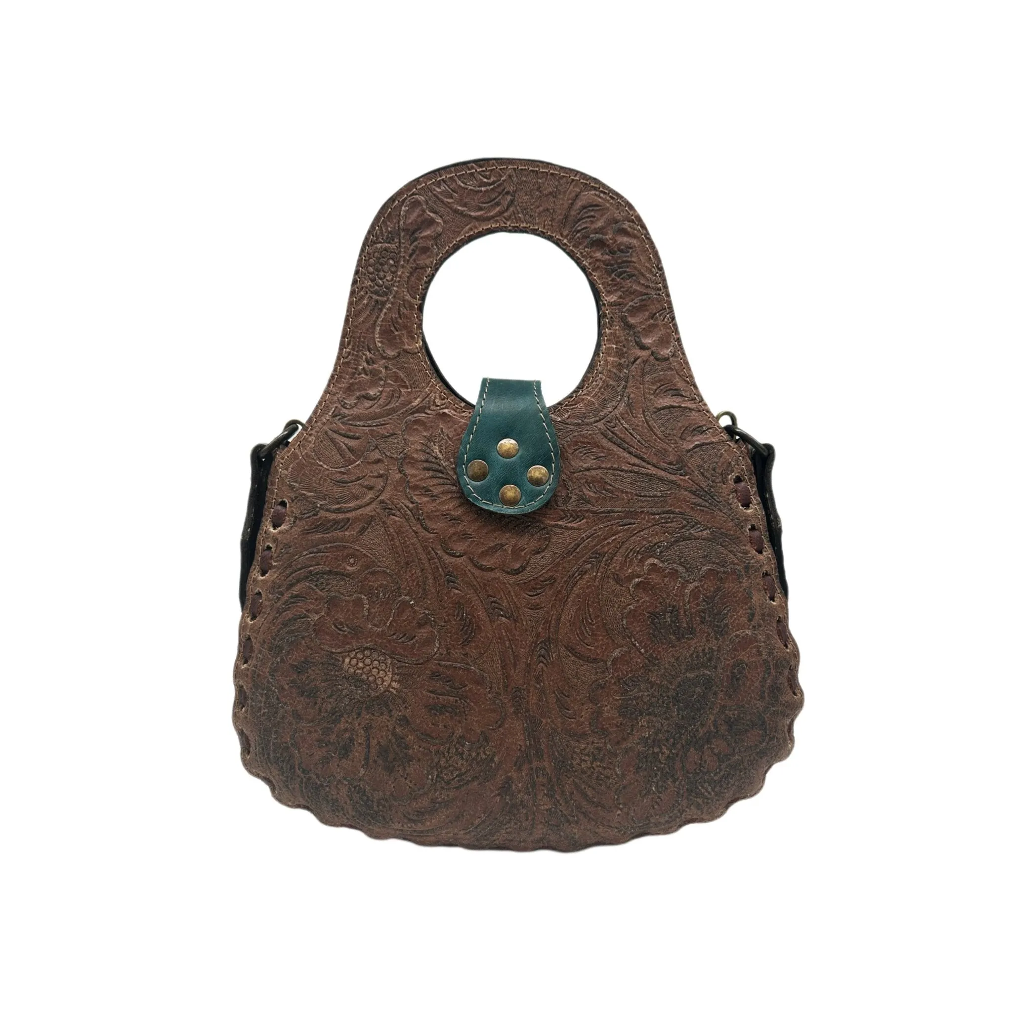 Blossom Floral Tooled Leather Round Top Handle Purse