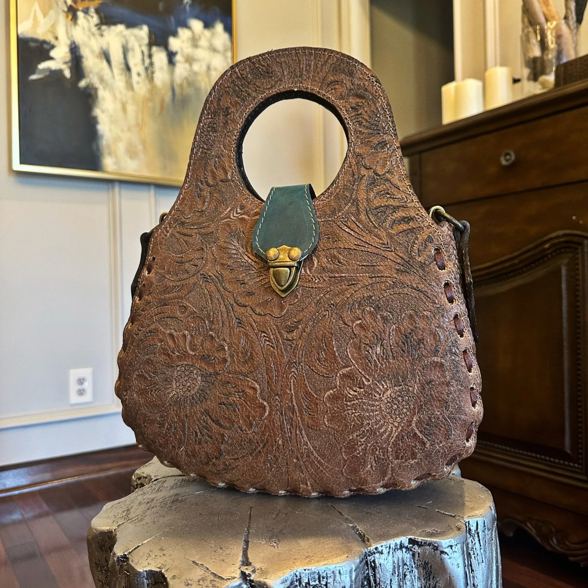 Blossom Floral Tooled Leather Round Top Handle Purse