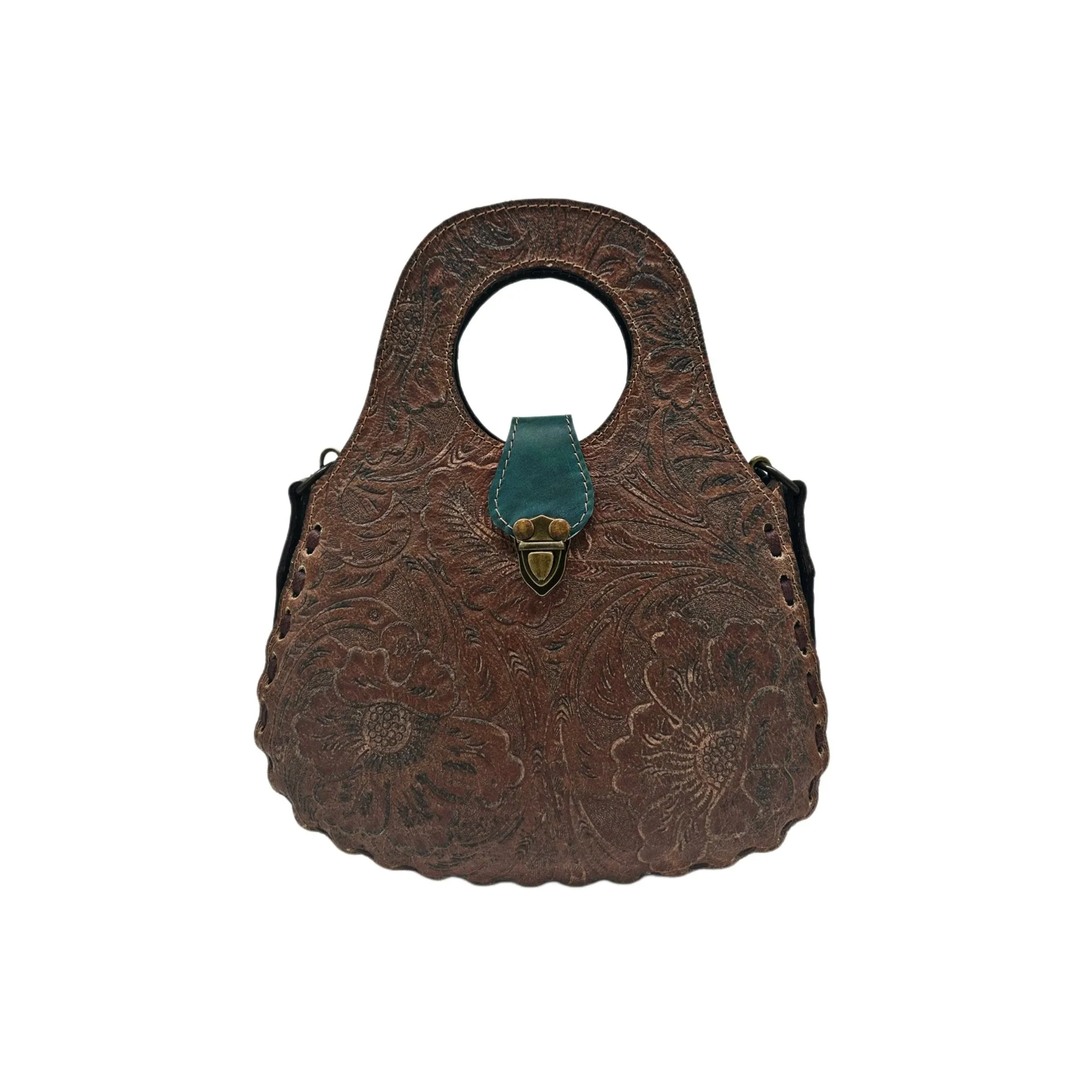 Blossom Floral Tooled Leather Round Top Handle Purse