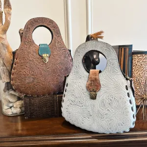 Blossom Floral Tooled Leather Round Top Handle Purse