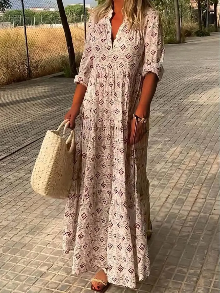Boho Casual Loose Long Sleeve Maxi Dress for Womens Vintage Print Pleated Crewneck Flowy Baggy Long Dress
