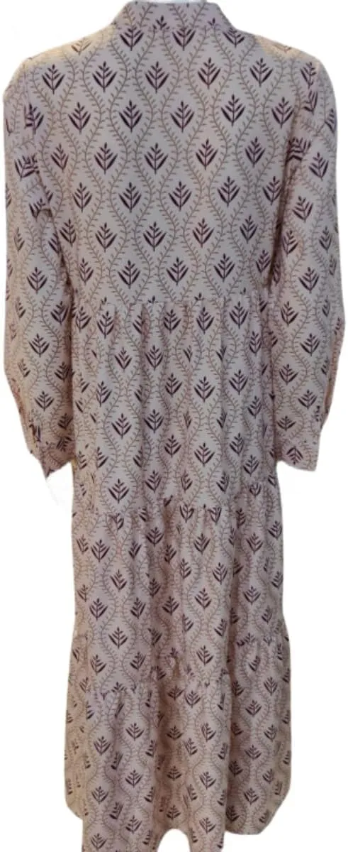 Boho Casual Loose Long Sleeve Maxi Dress for Womens Vintage Print Pleated Crewneck Flowy Baggy Long Dress