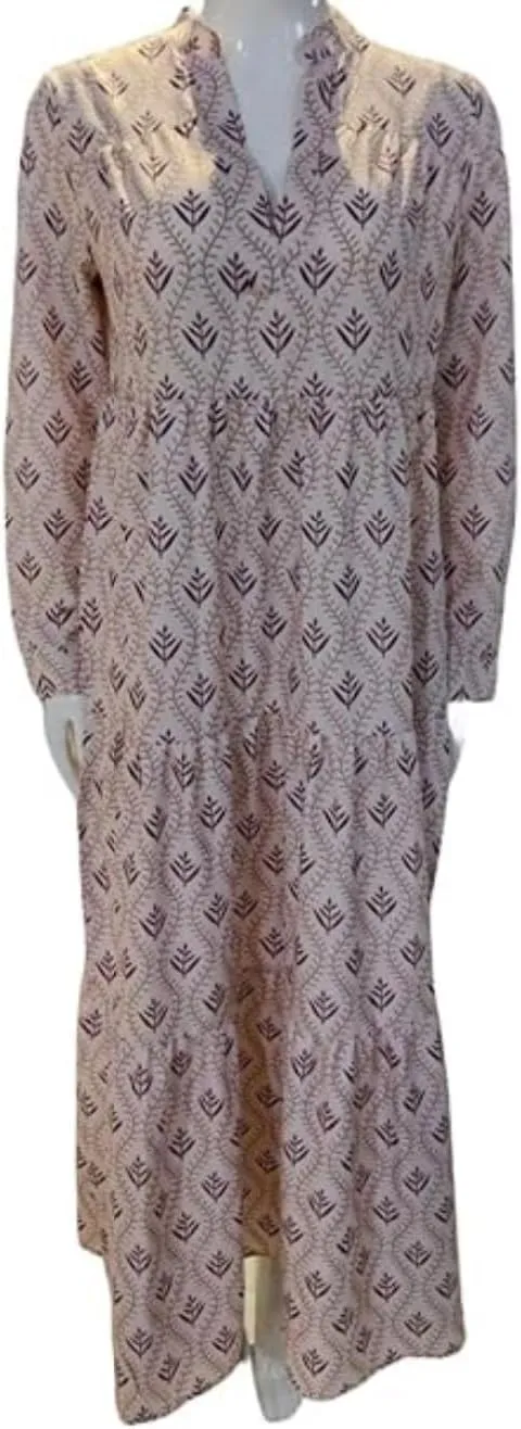 Boho Casual Loose Long Sleeve Maxi Dress for Womens Vintage Print Pleated Crewneck Flowy Baggy Long Dress