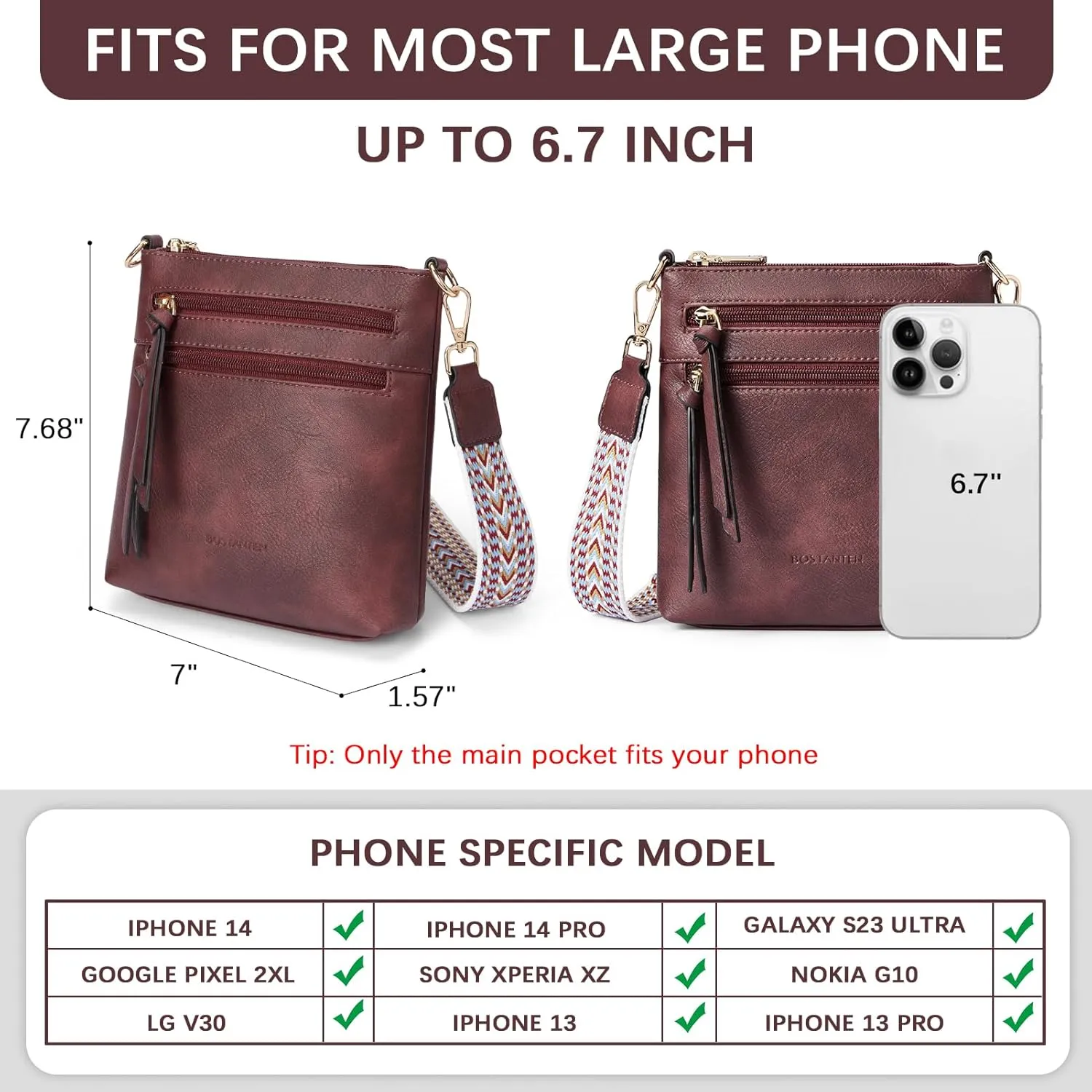 BOSTANTEN Crossbody Bags Purses for Women Trendy Soft Vegan Leather Shoulder Handbags with Adjustable Strap Zipper Pocket