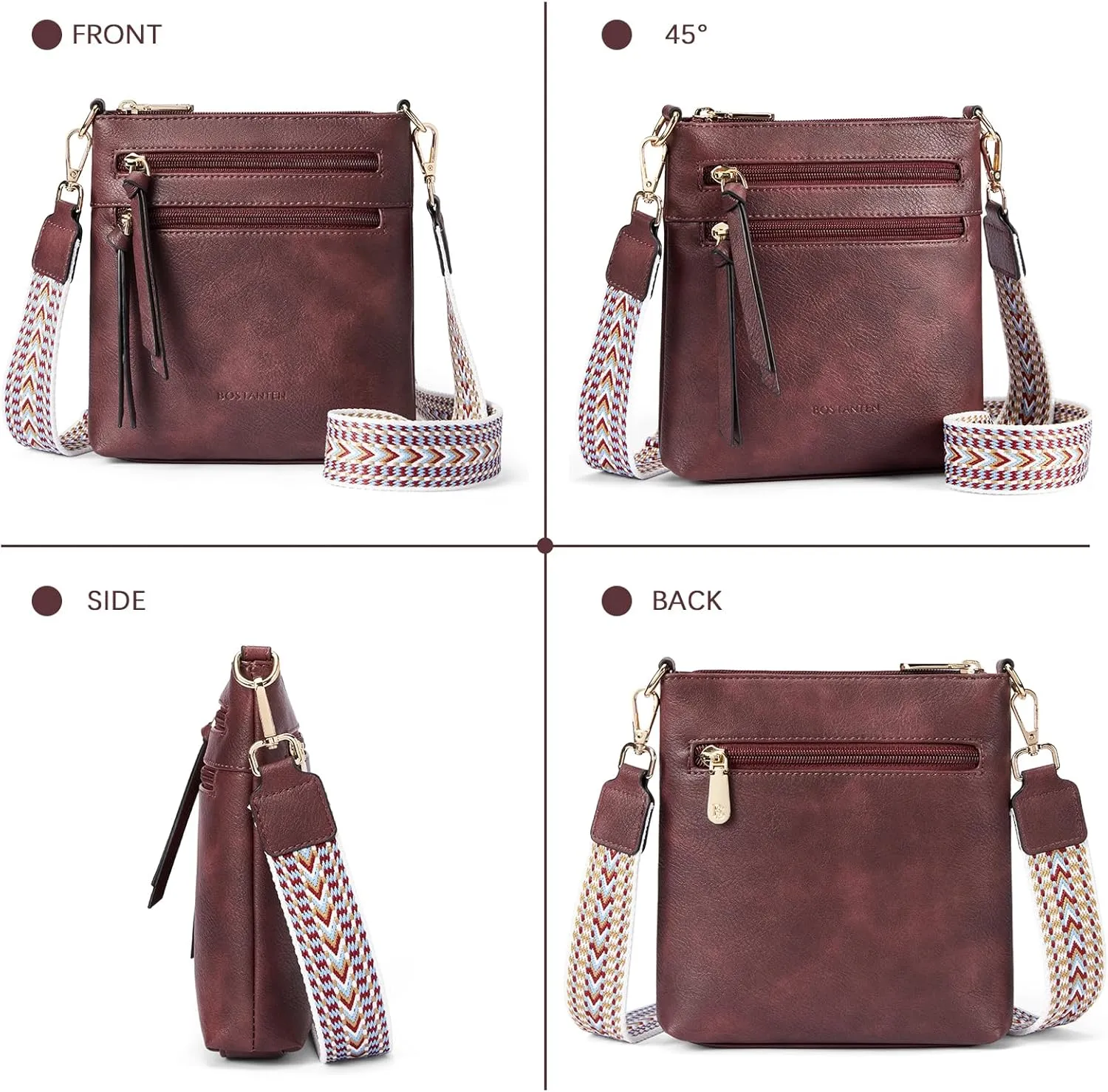 BOSTANTEN Crossbody Bags Purses for Women Trendy Soft Vegan Leather Shoulder Handbags with Adjustable Strap Zipper Pocket