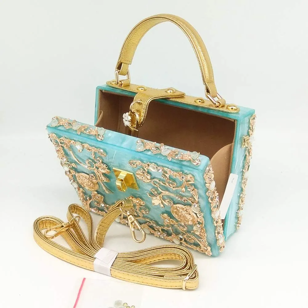 Boutique De FGG Acrylic & Flower Designer Shoulder Bags for Women Crossbody Bag Rhinestones Box Tote Evening Handbags,Small