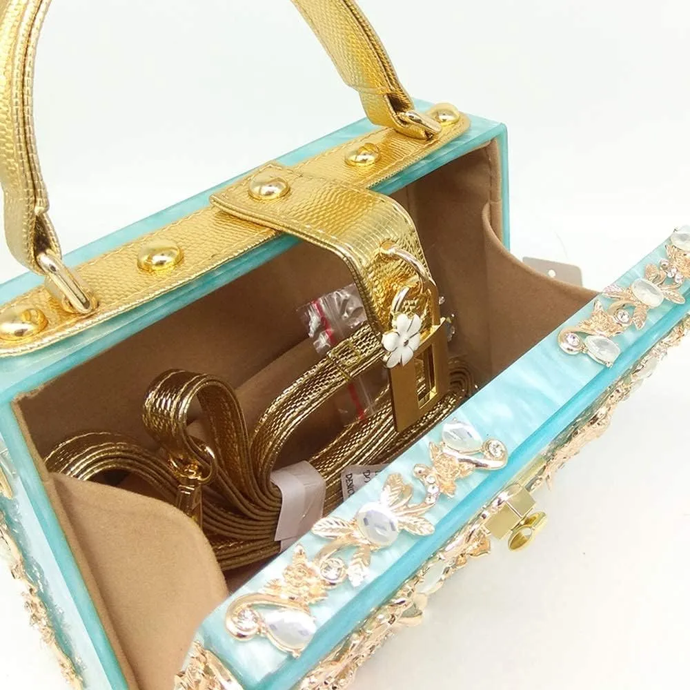 Boutique De FGG Acrylic & Flower Designer Shoulder Bags for Women Crossbody Bag Rhinestones Box Tote Evening Handbags,Small