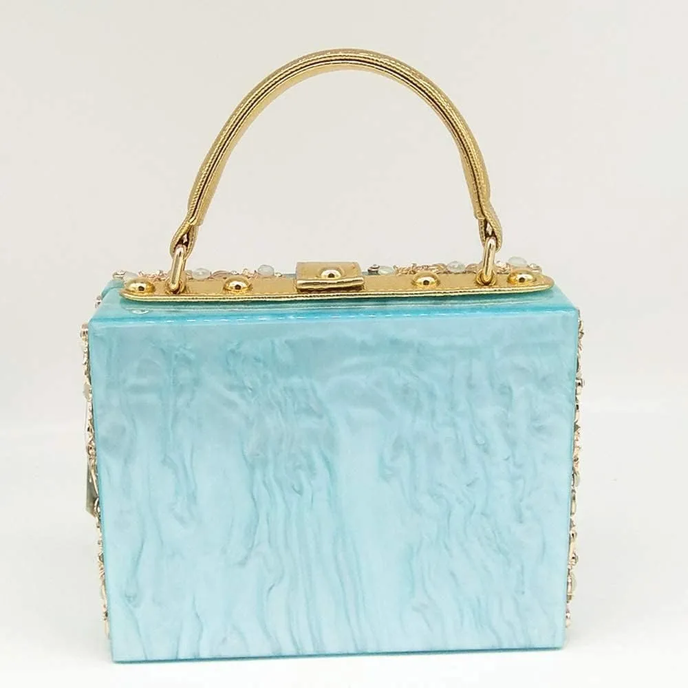 Boutique De FGG Acrylic & Flower Designer Shoulder Bags for Women Crossbody Bag Rhinestones Box Tote Evening Handbags,Small