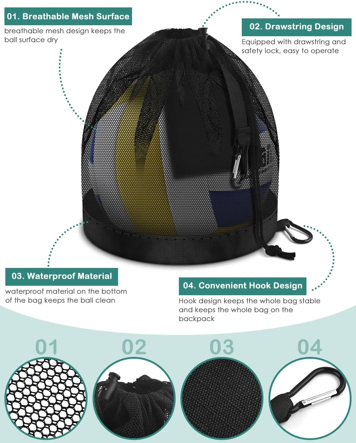 BROTOU Single Ball Bag with Double Hook, Balls Storage Bags with Zipper Pocket, Drawstring Sling Backpack for Soccer Basketball Football Volleyball Rugby