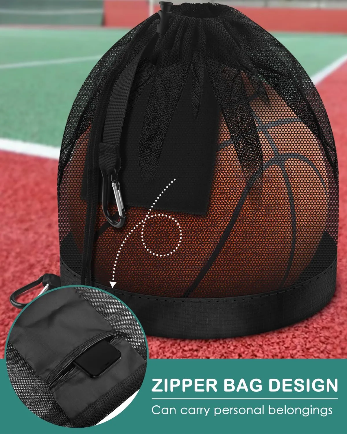 BROTOU Single Ball Bag with Double Hook, Balls Storage Bags with Zipper Pocket, Drawstring Sling Backpack for Soccer Basketball Football Volleyball Rugby