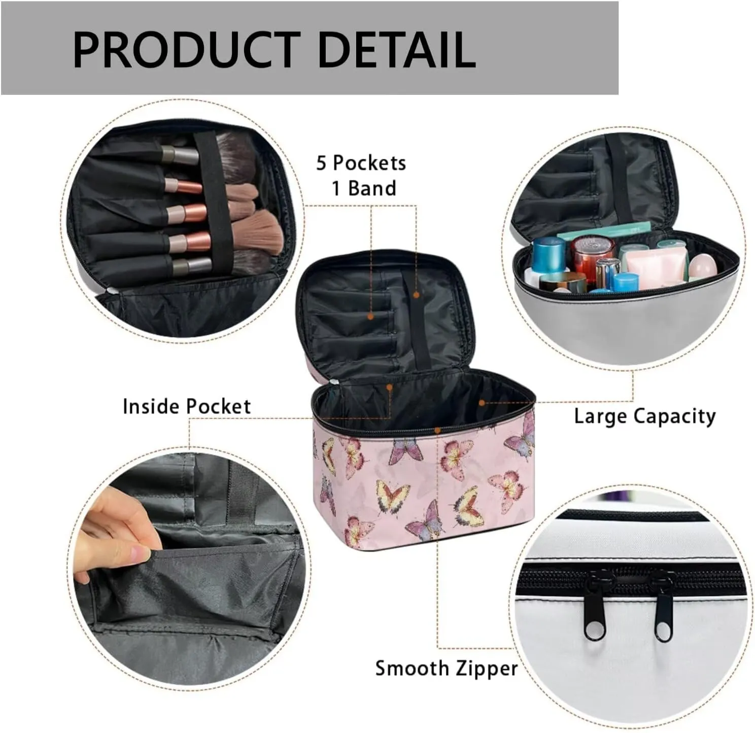 Butterfly Makeup Organizer Case Toiletry Bag for Women, Colorful Butterflies Travel Cosmetic Bag for Toiletries Essential, Pink