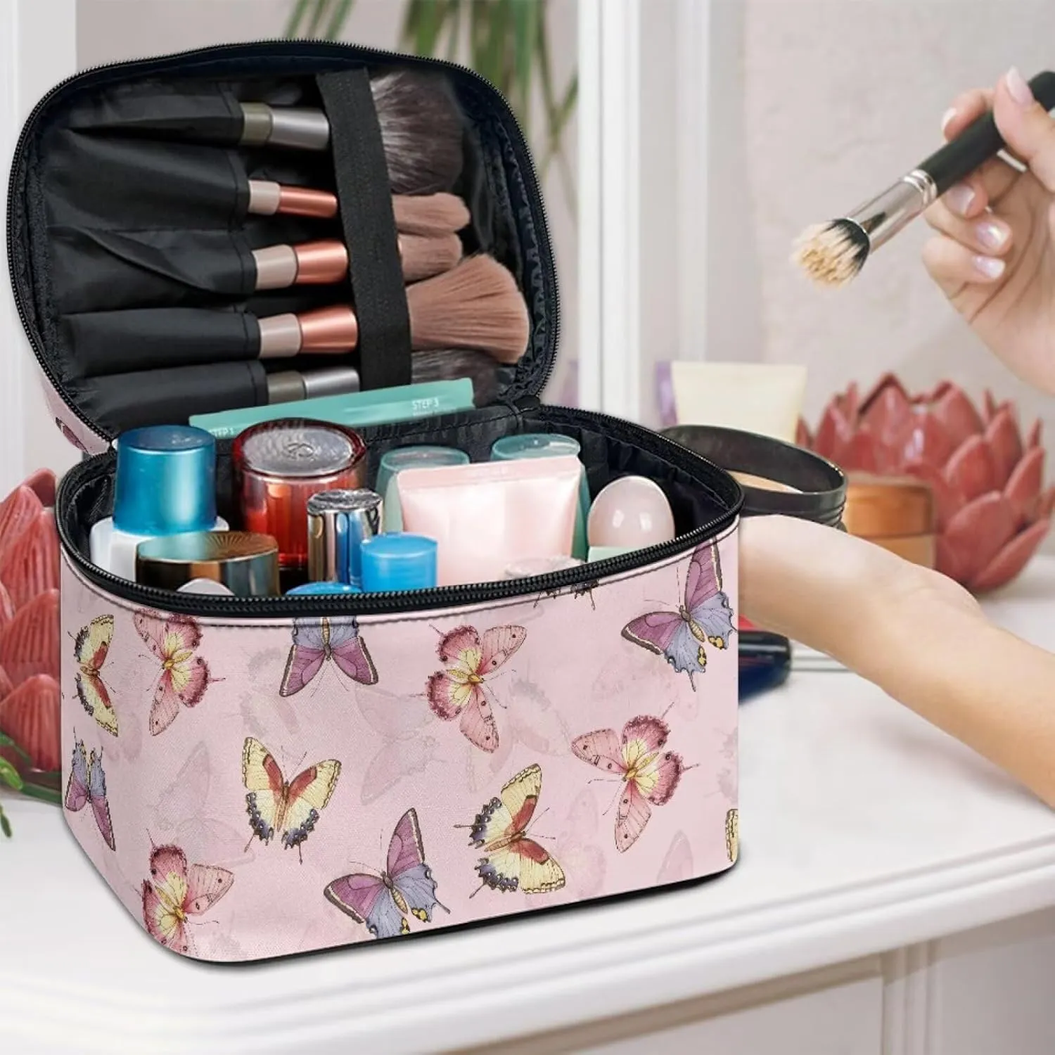 Butterfly Makeup Organizer Case Toiletry Bag for Women, Colorful Butterflies Travel Cosmetic Bag for Toiletries Essential, Pink