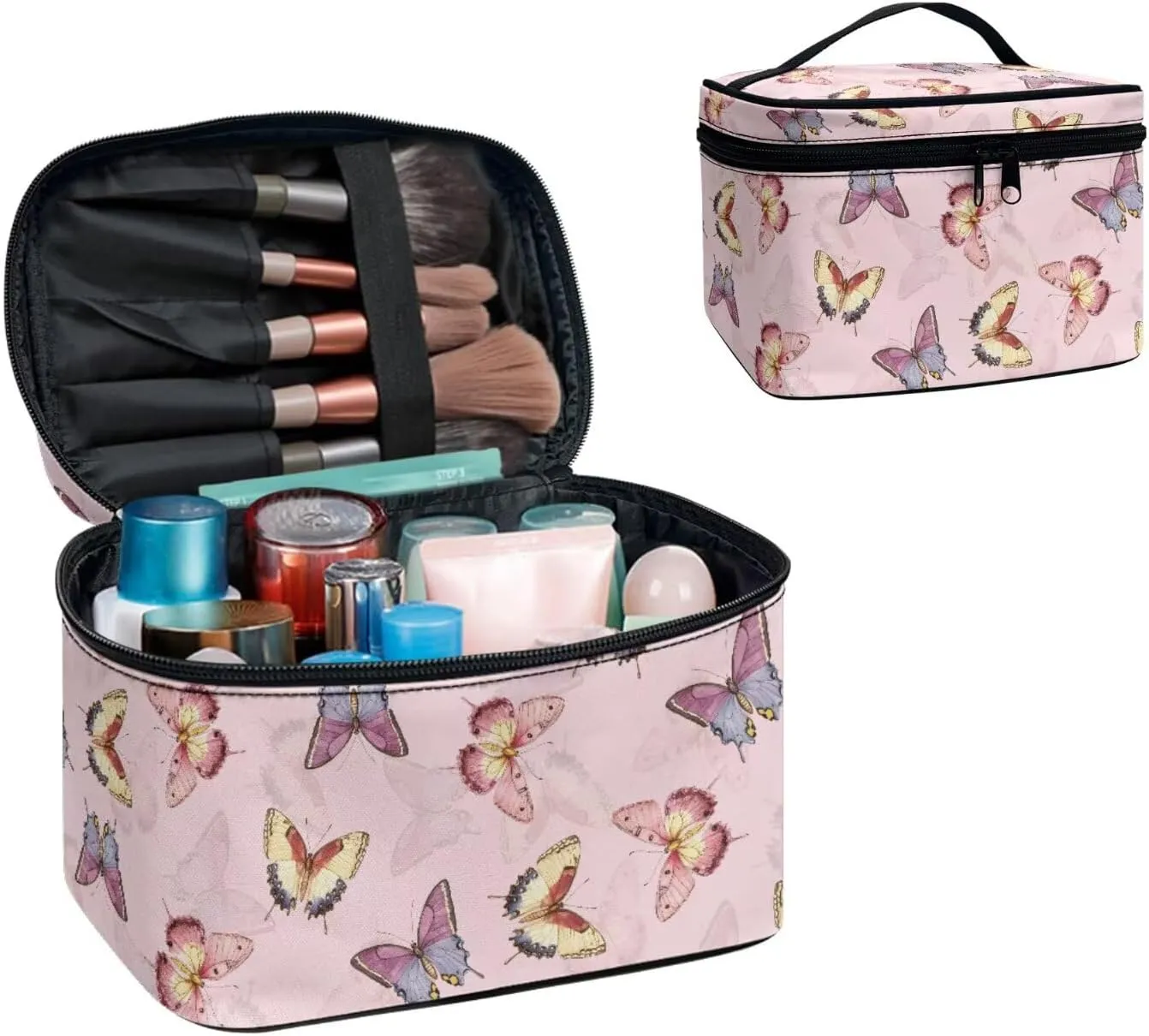 Butterfly Makeup Organizer Case Toiletry Bag for Women, Colorful Butterflies Travel Cosmetic Bag for Toiletries Essential, Pink