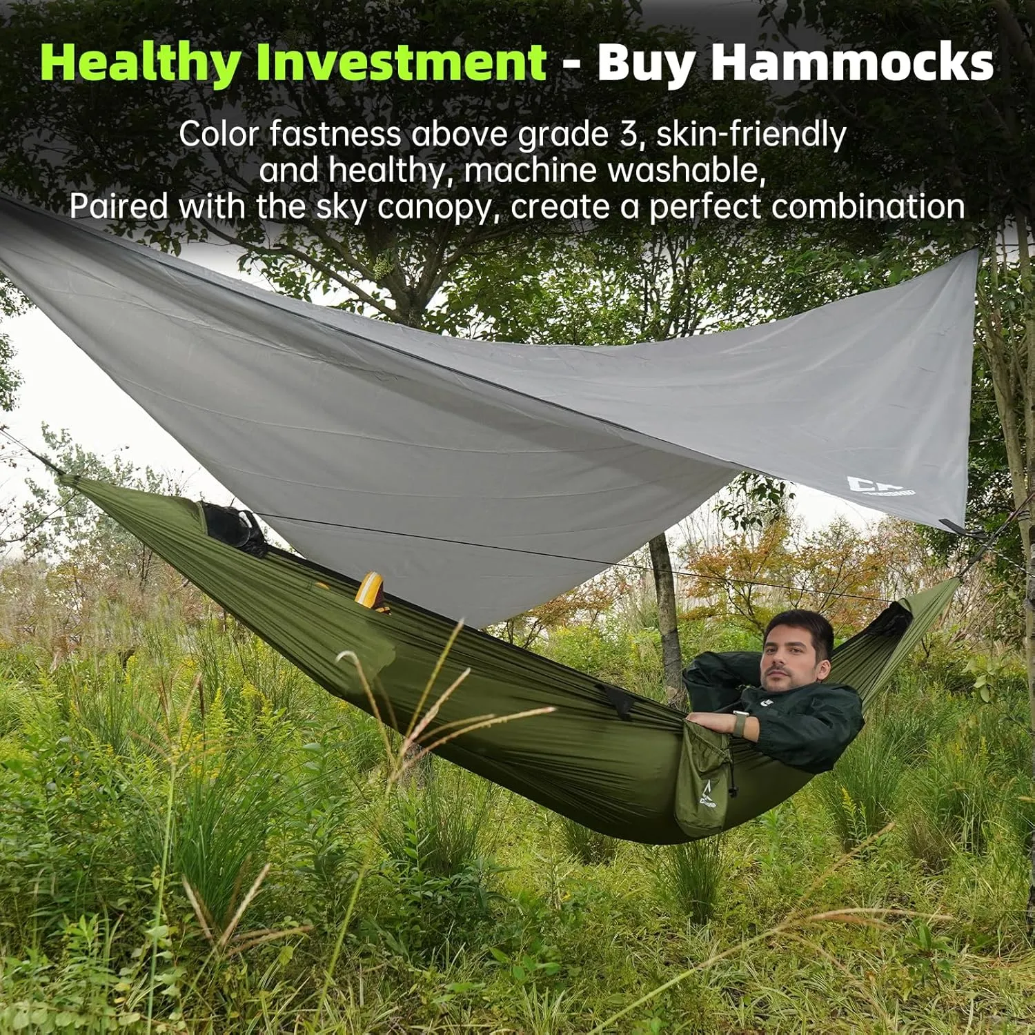 Camping Hammock with Mosquito Net and Rain Fly Tarp - 2 Person Hammock Tent, Portable Parachute Nylon Hammock for Outdoor, Hiking, Backpacking, Backyard, Beach, Travel (Hold Up to 500lbs)